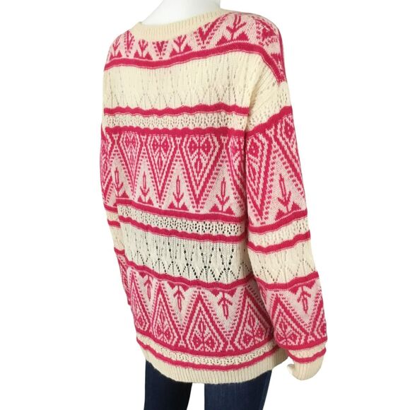 Sundance Brixen Fair Isle V-Neck Sweater Size M Wool Blend Pointelle Pink White - Picture 7 of 16